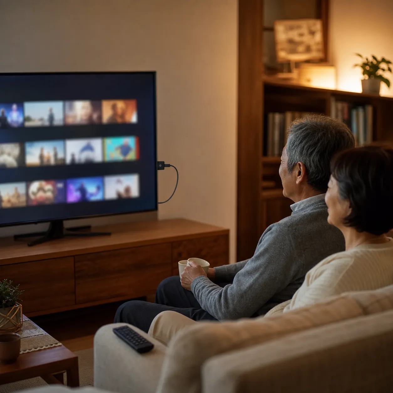 リビングでFire TV Stickを接続したテレビを夫婦でくつろぎながら見ている様子
