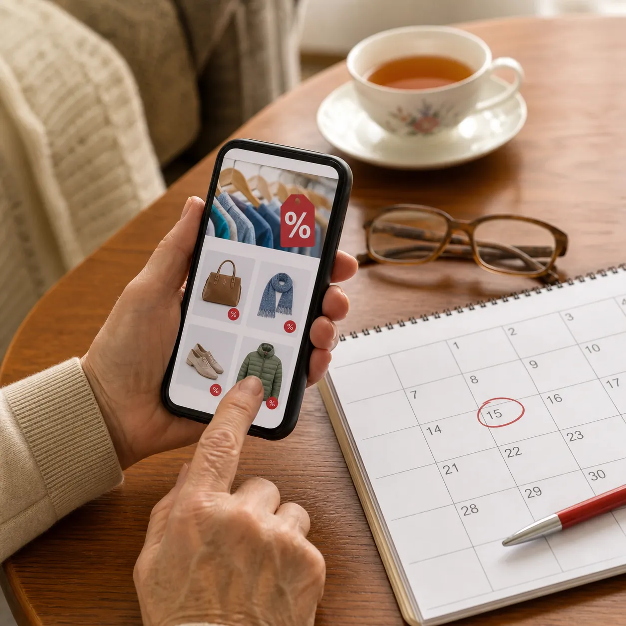 スマートフォンでセール情報を確認しながらカレンダーに日程をチェックする様子
