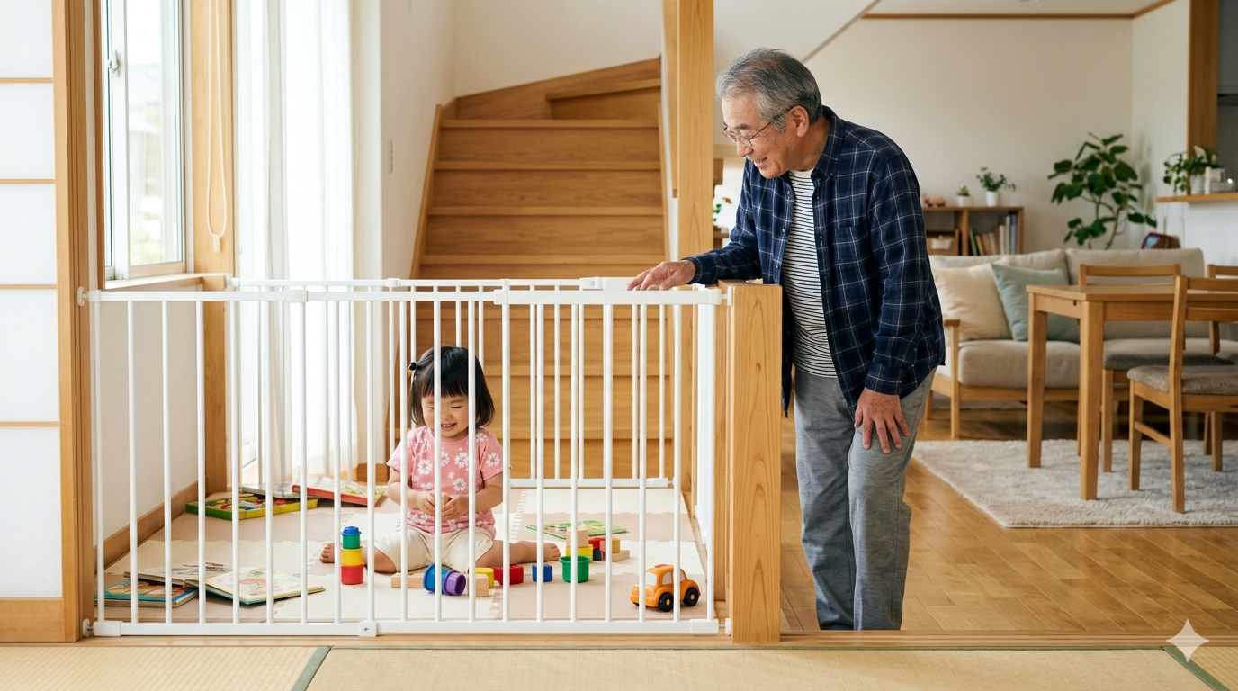 孫が遊びに来る家に。PLUSiiNEのベビーゲートで階段とキッチンを安全に