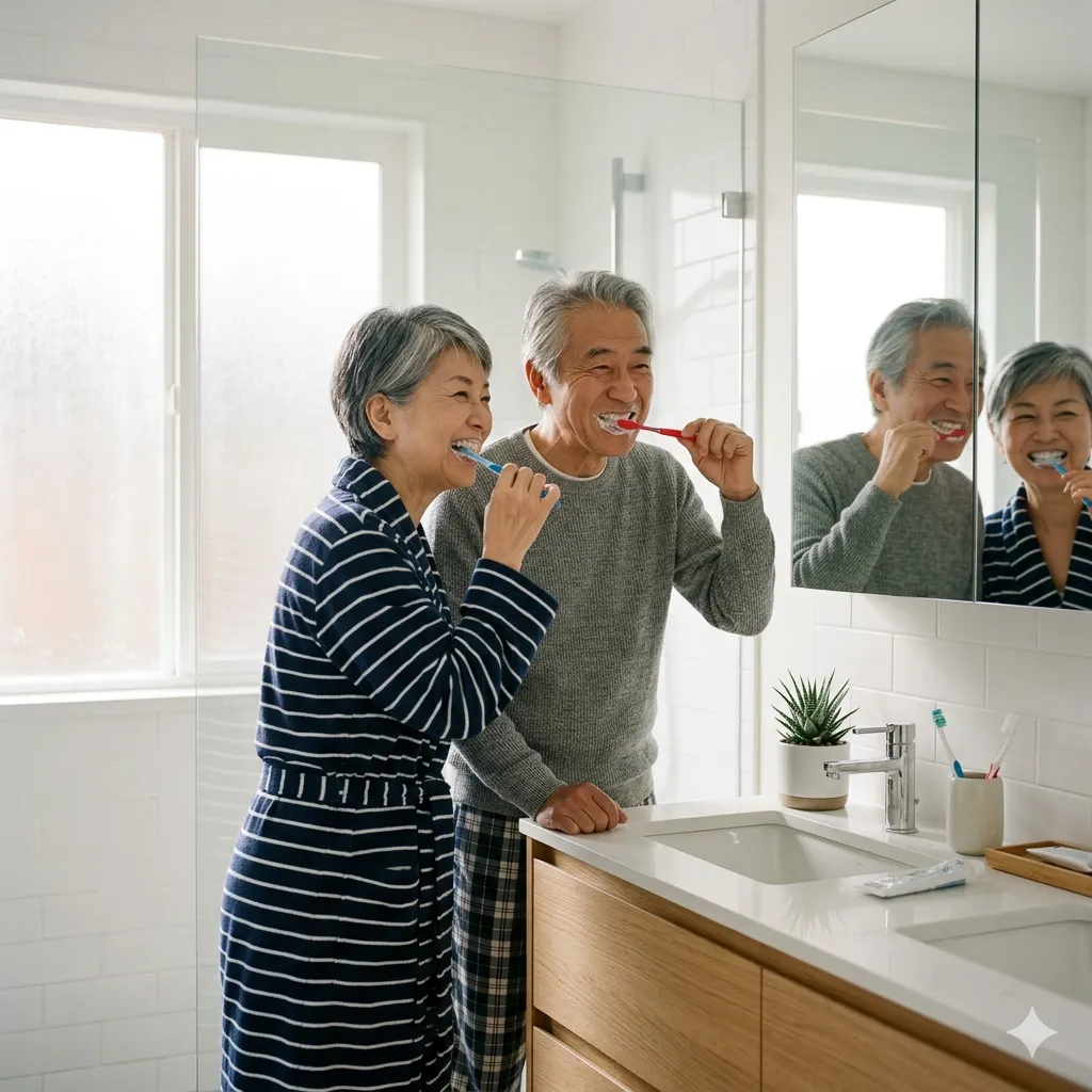 朝の洗面所で並んで歯みがきをする60代夫婦